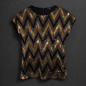 Cable & Gauge Women's Black/Gold Crew Neck Zig Zag Sequin Top, Sz Small